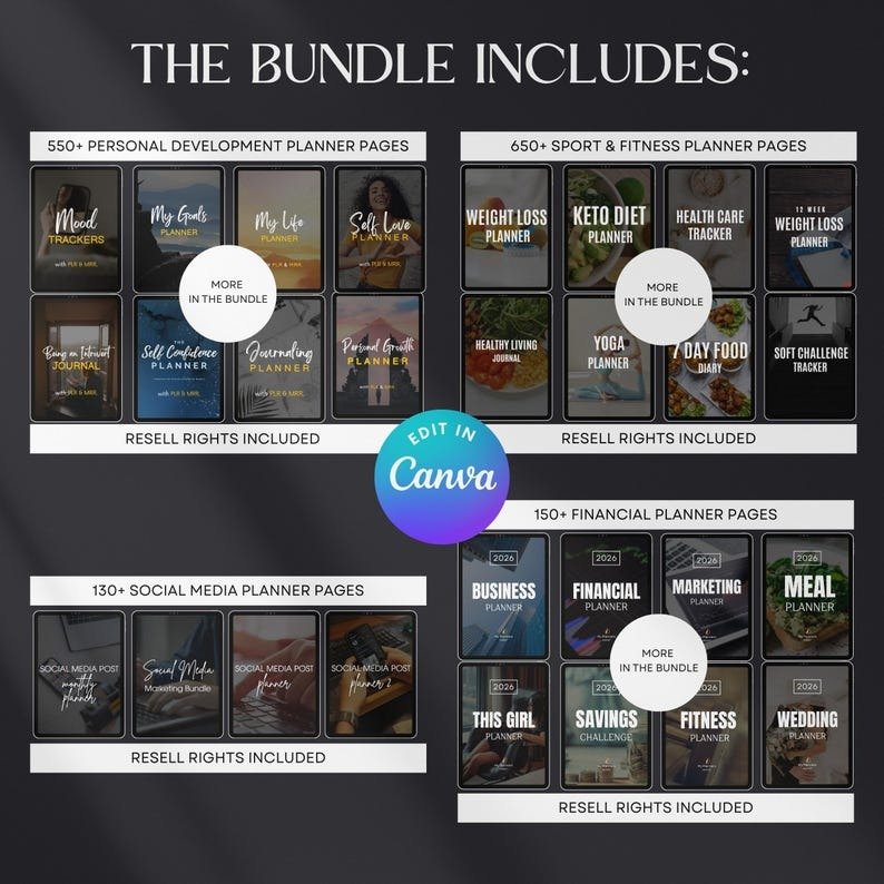 7500 Digital Planner Pages Bundle PLR MRR Editable Canva Templates w/ Resell Rights Business Sport Fitness Wellness Mindset Plr Planners - Image 3